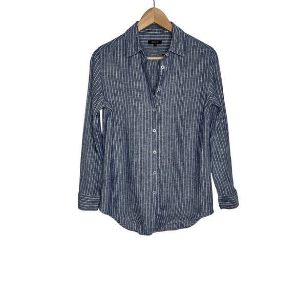 Quince European Linen Long Sleeve Button Up Shirt Womens XS Blue Stripe - Picture 2 of 10